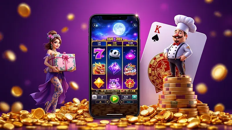 Visual permainan slot mobile dengan reel dan simbol bonus